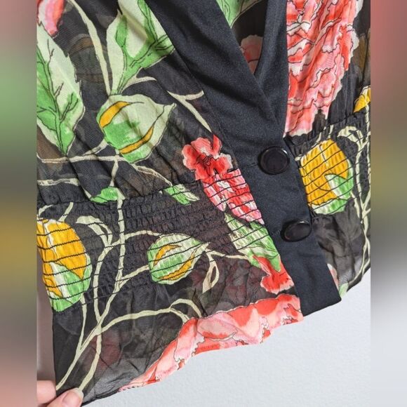 Vintage 70s Sheer Floral Womens Peplum top Blouse Black Orange Pink Yellow L/XL - Picture 4 of 7
